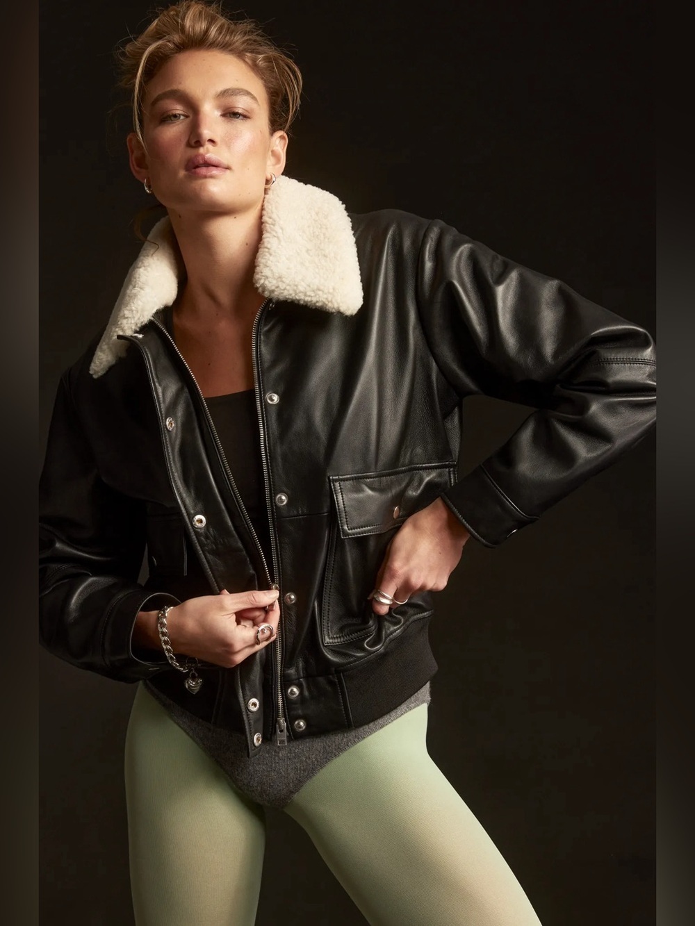 Lucky Brand Black Leather Bomber Jacket with Shearling Trim Collar Sz L